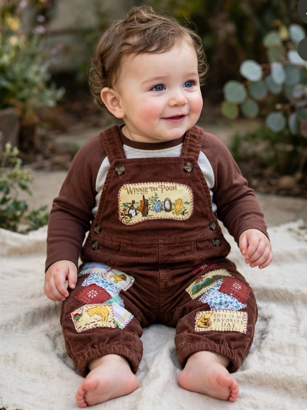 Winnie the Pooh Brown Corduroy, Patchwork  Overalls for Baby, 6 months